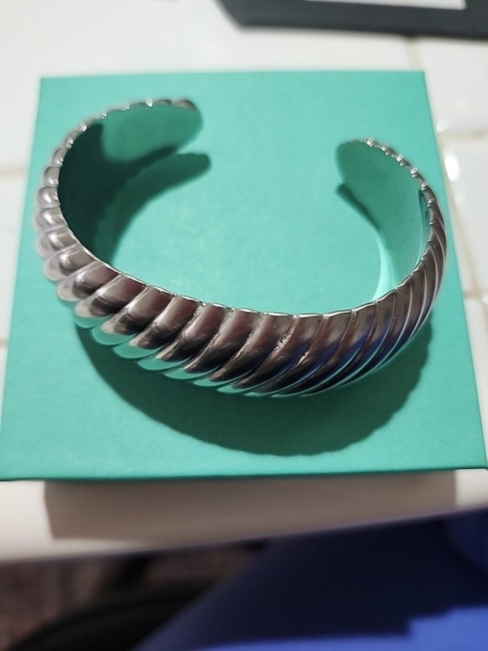 Calvin Klein Jeans Stainless Steel Silver Toned Ribbed Bangle/Cuff Bracelet